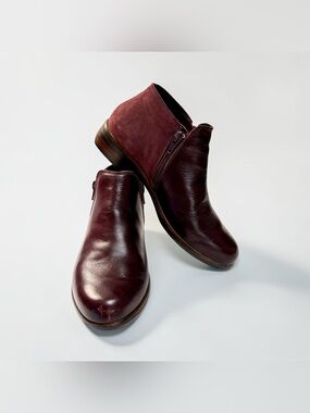 NAOT Helm Bordeaux Leather & Violet Nubuck Dual Zip Ankle Boots Women’s Size 38